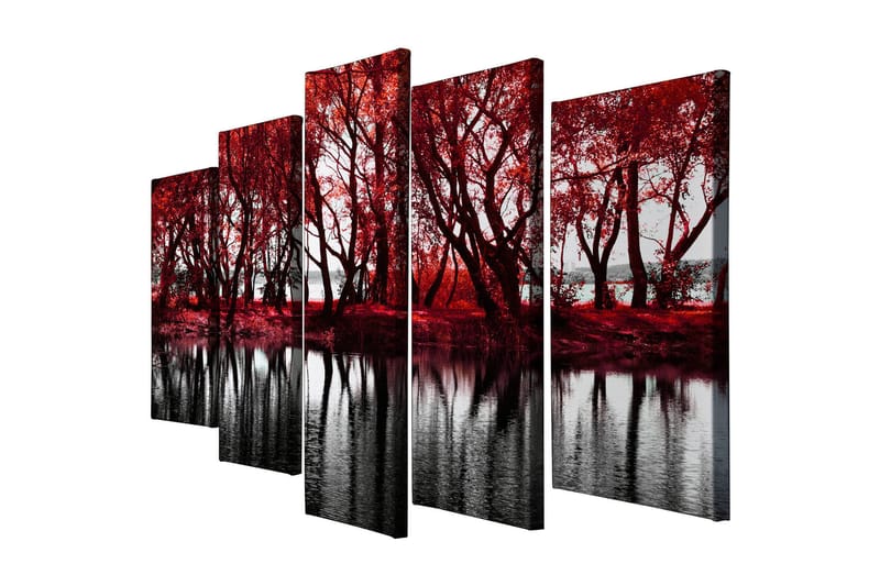 Stort lerretsbilde i 5 deler 105x70 cm - Rødskiftende trær ved en speilblank innsjø - Rød / Svart - Innredning - Bilder & kunst - Lerretsbilder