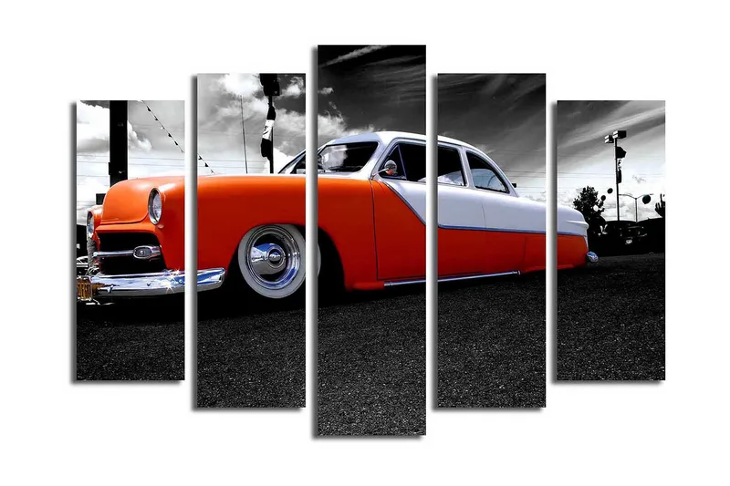 Stort lerretsbilde i 5 deler 105x70 cm - Retrobil med oransje og hvit lakk - Oransje / Hvit / Grå - Innredning - Bilder & kunst - Lerretsbilder