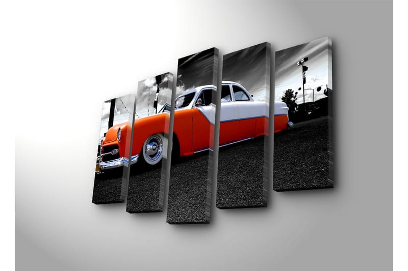 Stort lerretsbilde i 5 deler 105x70 cm - Retrobil med oransje og hvit lakk - Oransje / Hvit / Grå - Innredning - Bilder & kunst - Lerretsbilder