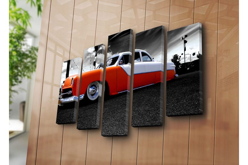 Stort lerretsbilde i 5 deler 105x70 cm - Retrobil med oransje og hvit lakk - Oransje / Hvit / Grå - Innredning - Bilder & kunst - Lerretsbilder
