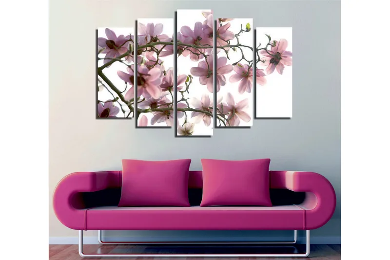 Stort lerretsbilde i 5 deler 105x70 cm - Rosa magnoliablomster på grener - Rosa / Grønn / Brun - Innredning - Bilder & kunst - Lerretsbilder