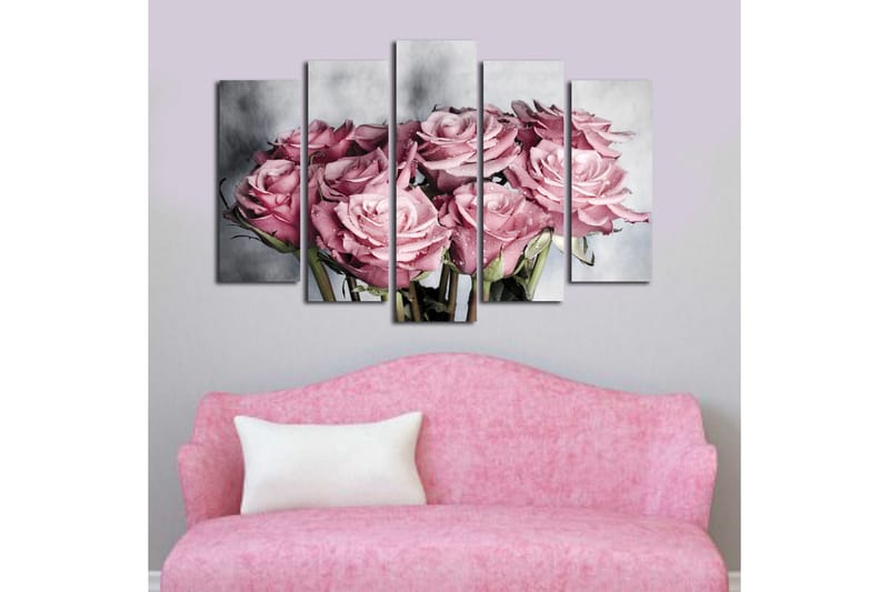 Stort lerretsbilde i 5 deler 105x70 cm - Rosa roser med vanndråper - Rosa / Grønn / Hvit - Innredning - Bilder & kunst - Lerretsbilder