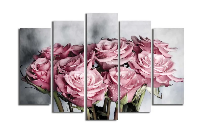 Stort lerretsbilde i 5 deler 105x70 cm - Rosa roser med vanndråper - Rosa / Grønn / Hvit - Innredning - Bilder & kunst - Lerretsbilder