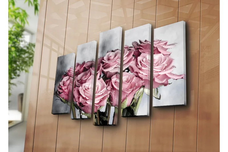 Stort lerretsbilde i 5 deler 105x70 cm - Rosa roser med vanndråper - Rosa / Grønn / Hvit - Innredning - Bilder & kunst - Lerretsbilder
