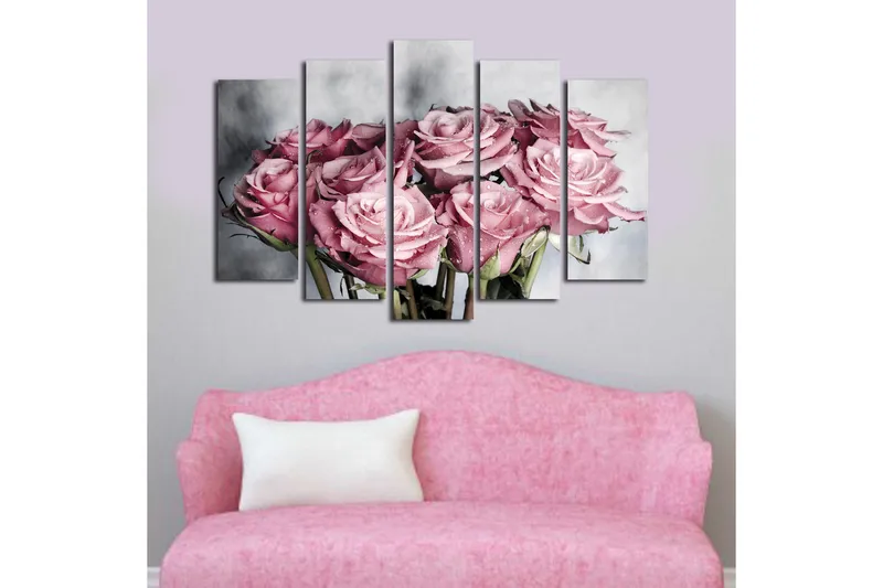 Stort lerretsbilde i 5 deler 105x70 cm - Rosa roser med vanndråper - Rosa / Grønn / Hvit - Innredning - Bilder & kunst - Lerretsbilder