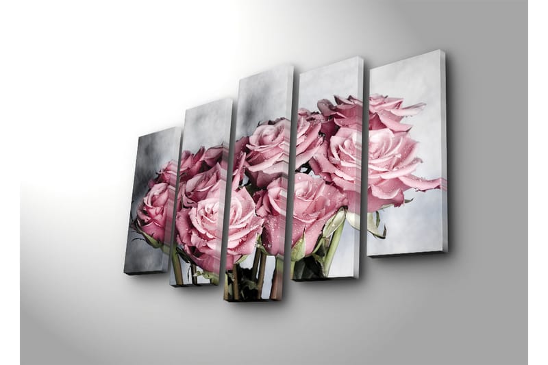 Stort lerretsbilde i 5 deler 105x70 cm - Rosa roser med vanndråper - Rosa / Grønn / Hvit - Innredning - Bilder & kunst - Lerretsbilder