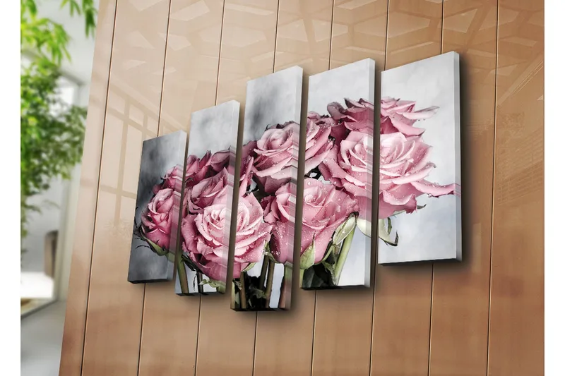 Stort lerretsbilde i 5 deler 105x70 cm - Rosa roser med vanndråper - Rosa / Grønn / Hvit - Innredning - Bilder & kunst - Lerretsbilder