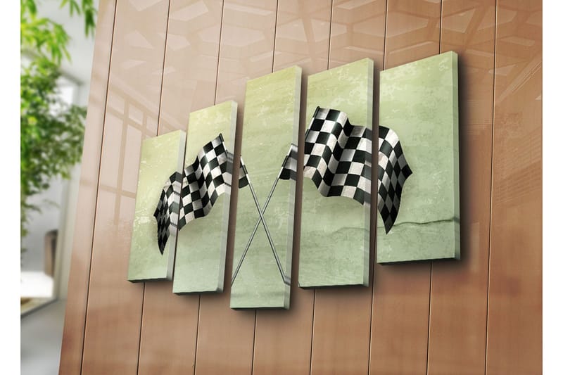 Stort lerretsbilde i 5 deler 105x70 cm - Rutete mållinje i svart og hvitt - Svart / Hvit / Grønn - Innredning - Bilder & kunst - Lerretsbilder