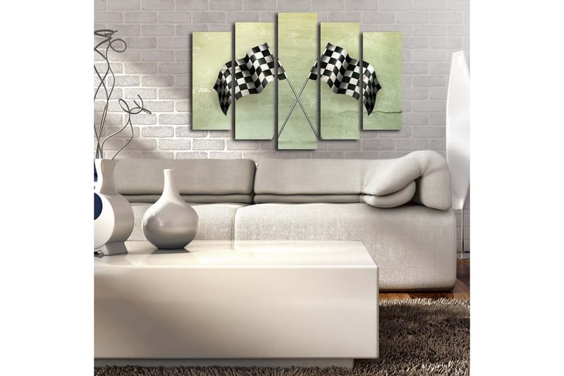 Stort lerretsbilde i 5 deler 105x70 cm - Rutete mållinje i svart og hvitt - Svart / Hvit / Grønn - Innredning - Bilder & kunst - Lerretsbilder