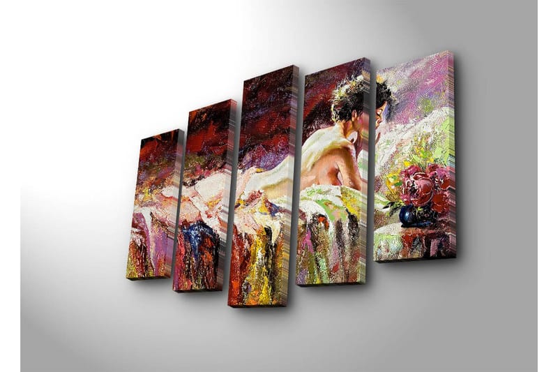 Stort lerretsbilde i 5 deler 105x70 cm - Sensuell kvinne hviler på en seng med blomster i nærheten - Rød / Lilla / Beige - Innredning - Bilder & kunst - Lerretsbilder