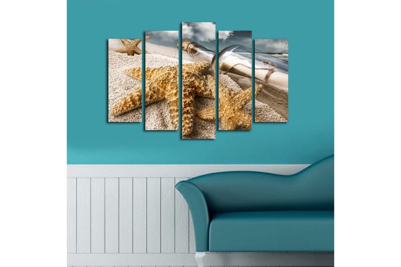 Stort lerretsbilde i 5 deler 105x70 cm - Sjølandskap med sjøstjerne og en flaske med et budskap - Sandfarget / Beige / Brun - Innredning - Bilder & kunst - Lerretsbilder