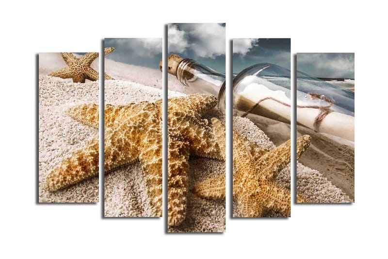 Stort lerretsbilde i 5 deler 105x70 cm - Sjølandskap med sjøstjerne og en flaske med et budskap - Sandfarget / Beige / Brun - Innredning - Bilder & kunst - Lerretsbilder