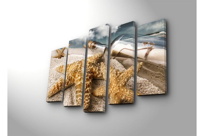 Stort lerretsbilde i 5 deler 105x70 cm - Sjølandskap med sjøstjerne og en flaske med et budskap - Sandfarget / Beige / Brun - Innredning - Bilder & kunst - Lerretsbilder