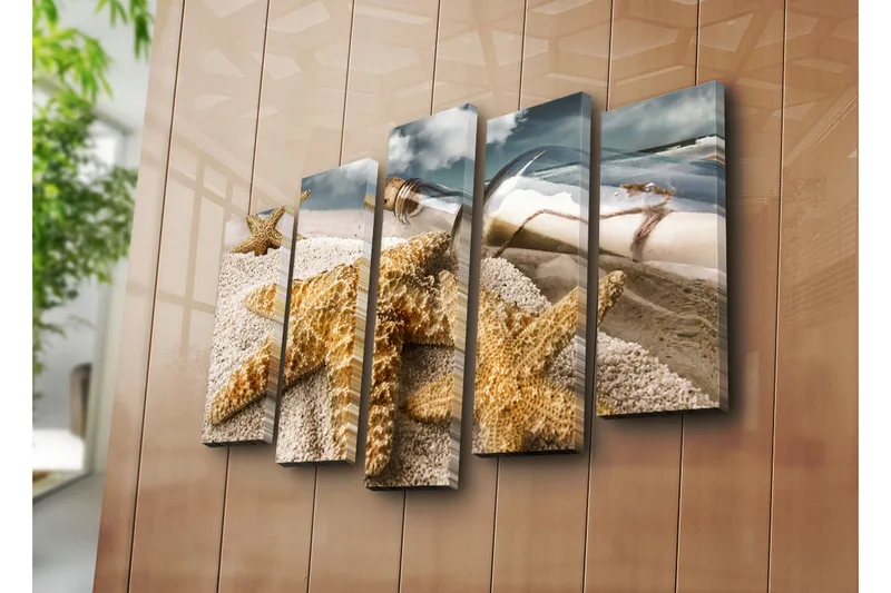 Stort lerretsbilde i 5 deler 105x70 cm - Sjølandskap med sjøstjerne og en flaske med et budskap - Sandfarget / Beige / Brun - Innredning - Bilder & kunst - Lerretsbilder