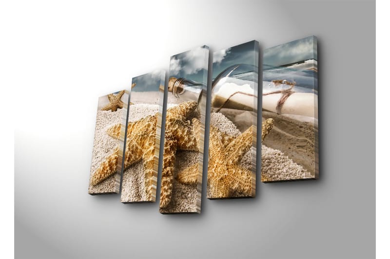 Stort lerretsbilde i 5 deler 105x70 cm - Sjølandskap med sjøstjerne og en flaske med et budskap - Sandfarget / Beige / Brun - Innredning - Bilder & kunst - Lerretsbilder