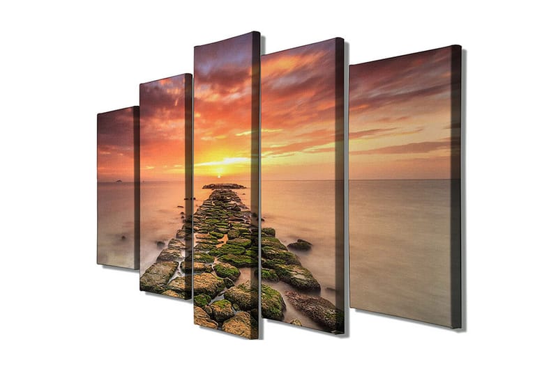 Stort lerretsbilde i 5 deler 105x70 cm - Solnedgang over en steinete brygge - Oransje / Grønn / Blå - Innredning - Bilder & kunst - Lerretsbilder