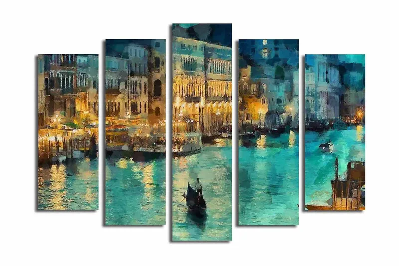 Stort lerretsbilde i 5 deler 105x70 cm - Stemningsfull utsikt over en kanal med gondoler i kveldslys - Turkis / Gull / Mørkeblå - Innredning - Bilder & kunst - Lerretsbilder