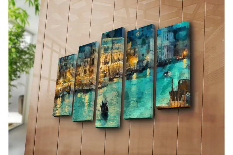 Stort lerretsbilde i 5 deler 105x70 cm - Stemningsfull utsikt over en kanal med gondoler i kveldslys - Turkis / Gull / Mørkeblå - Innredning - Bilder & kunst - Lerretsbilder