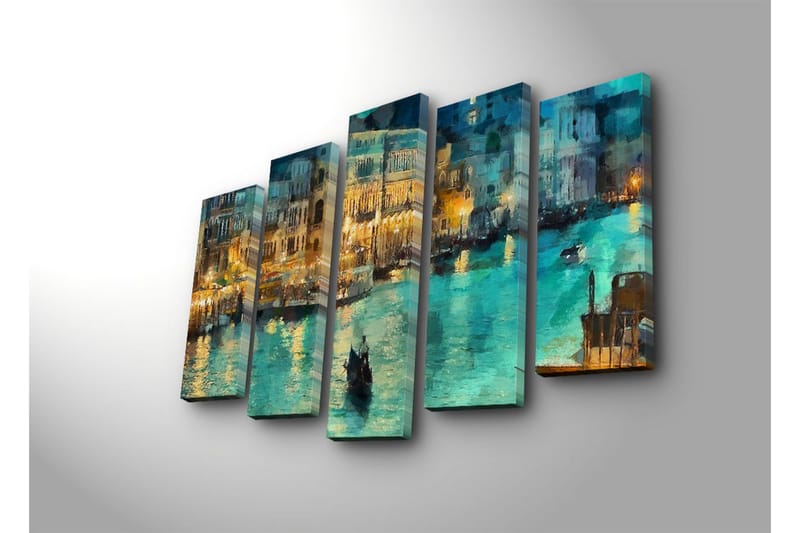 Stort lerretsbilde i 5 deler 105x70 cm - Stemningsfull utsikt over en kanal med gondoler i kveldslys - Turkis / Gull / Mørkeblå - Innredning - Bilder & kunst - Lerretsbilder