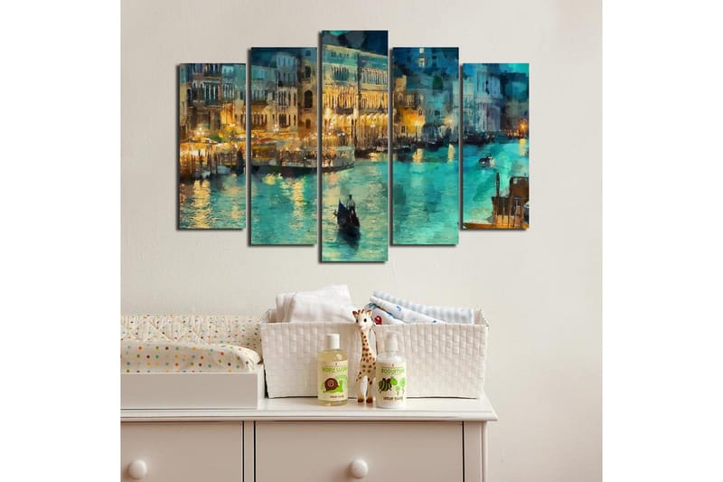 Stort lerretsbilde i 5 deler 105x70 cm - Stemningsfull utsikt over en kanal med gondoler i kveldslys - Turkis / Gull / Mørkeblå - Innredning - Bilder & kunst - Lerretsbilder