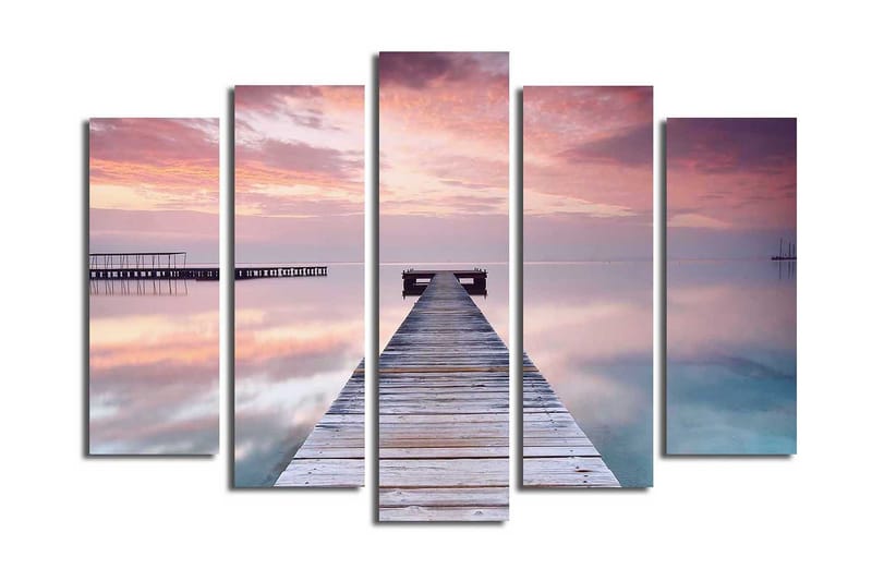 Stort lerretsbilde i 5 deler 105x70 cm - Stillhet ved en brygge i solnedgangens myke lys - Lilla / Rosa / Blå - Innredning - Bilder & kunst - Lerretsbilder