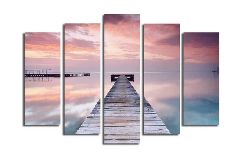 Stort lerretsbilde i 5 deler 105x70 cm - Stillhet ved en brygge i solnedgangens myke lys - Lilla / Rosa / Blå - Innredning - Bilder & kunst - Lerretsbilder