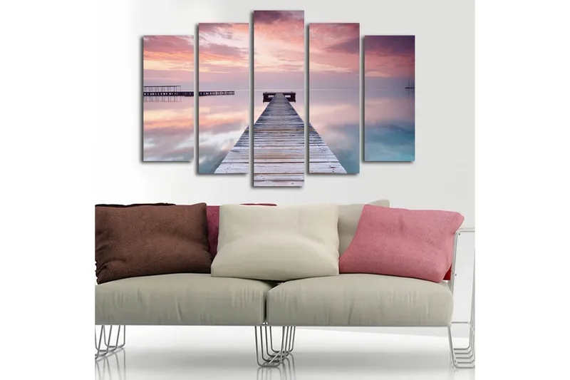 Stort lerretsbilde i 5 deler 105x70 cm - Stillhet ved en brygge i solnedgangens myke lys - Lilla / Rosa / Blå - Innredning - Bilder & kunst - Lerretsbilder