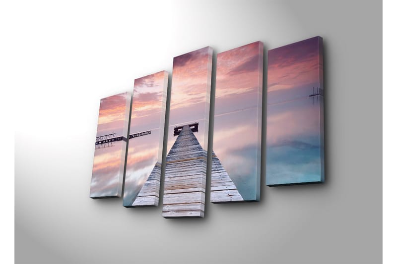 Stort lerretsbilde i 5 deler 105x70 cm - Stillhet ved en brygge i solnedgangens myke lys - Lilla / Rosa / Blå - Innredning - Bilder & kunst - Lerretsbilder
