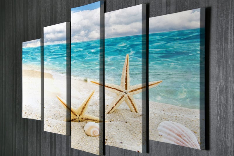 Stort lerretsbilde i 5 deler 105x70 cm - Stjerneformede skjell på en sandstrand ved sjøen - Blå / Beige / Hvit - Innredning - Bilder & kunst - Lerretsbilder