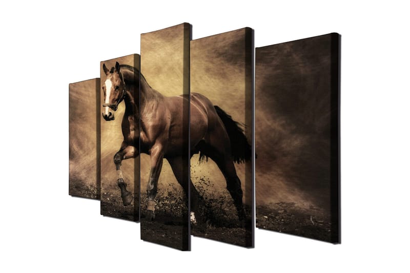 Stort lerretsbilde i 5 deler 105x70 cm - Stolt hest i bevegelse - Mørk brun / Beige / Svart - Innredning - Bilder & kunst - Lerretsbilder