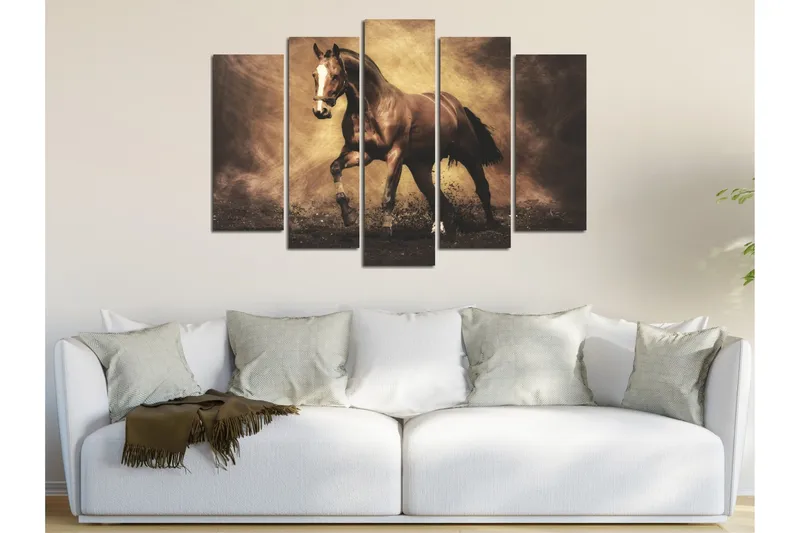 Stort lerretsbilde i 5 deler 105x70 cm - Stolt hest i bevegelse - Mørk brun / Beige / Svart - Innredning - Bilder & kunst - Lerretsbilder