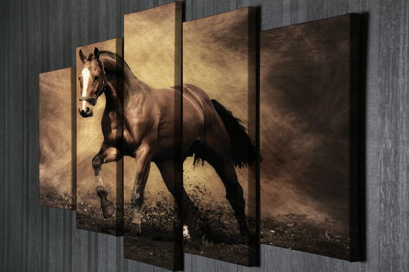 Stort lerretsbilde i 5 deler 105x70 cm - Stolt hest i bevegelse - Mørk brun / Beige / Svart - Innredning - Bilder & kunst - Lerretsbilder