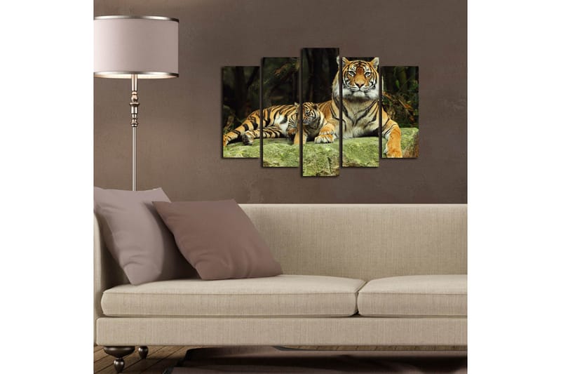 Stort lerretsbilde i 5 deler 105x70 cm - Stolt tiger med unge hvilende på en stein - Oransje / Svart / Beige - Innredning - Bilder & kunst - Lerretsbilder
