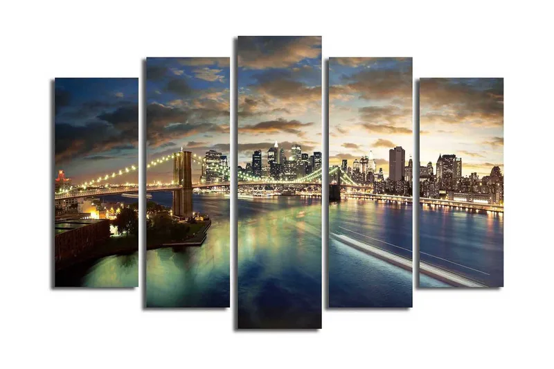 Stort lerretsbilde i 5 deler 105x70 cm - Storslått bybilde med bro og skyskrapere i skumringen - Blå / Gull / Grå - Innredning - Bilder & kunst - Lerretsbilder