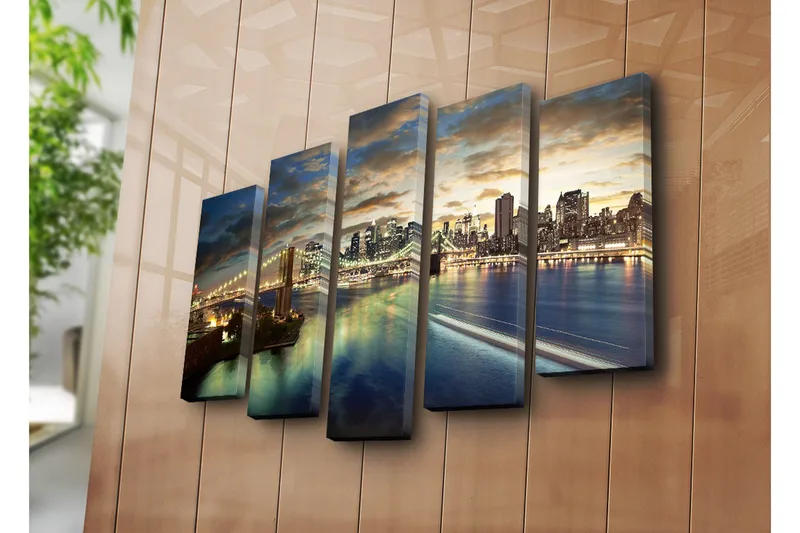 Stort lerretsbilde i 5 deler 105x70 cm - Storslått bybilde med bro og skyskrapere i skumringen - Blå / Gull / Grå - Innredning - Bilder & kunst - Lerretsbilder