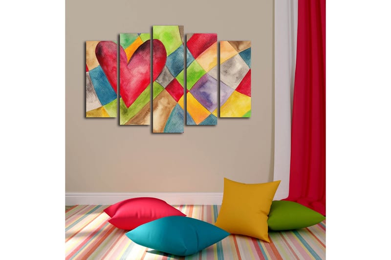 Stort lerretsbilde i 5 deler 105x70 cm - Stort, fargerikt hjerte i en geometrisk komposisjon - Rød / Grønn / Blå - Innredning - Bilder & kunst - Lerretsbilder