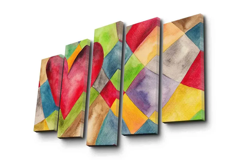 Stort lerretsbilde i 5 deler 105x70 cm - Stort, fargerikt hjerte i en geometrisk komposisjon - Rød / Grønn / Blå - Innredning - Bilder & kunst - Lerretsbilder