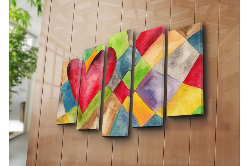 Stort lerretsbilde i 5 deler 105x70 cm - Stort, fargerikt hjerte i en geometrisk komposisjon - Rød / Grønn / Blå - Innredning - Bilder & kunst - Lerretsbilder
