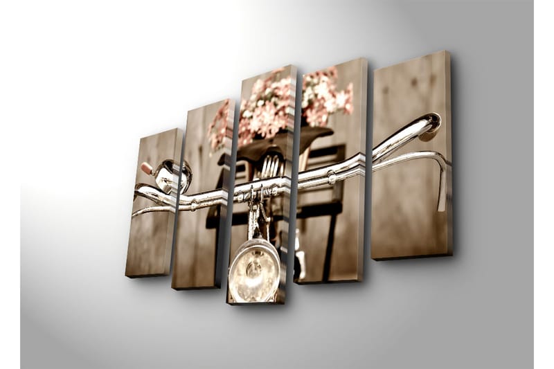 Stort lerretsbilde i 5 deler 105x70 cm - Sykkelstyrer med blomster i en kurv - Grå / Rosa / Beige - Innredning - Bilder & kunst - Lerretsbilder