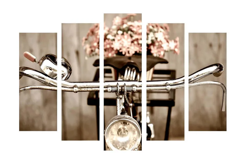 Stort lerretsbilde i 5 deler 105x70 cm - Sykkelstyrer med blomster i en kurv - Grå / Rosa / Beige - Innredning - Bilder & kunst - Lerretsbilder