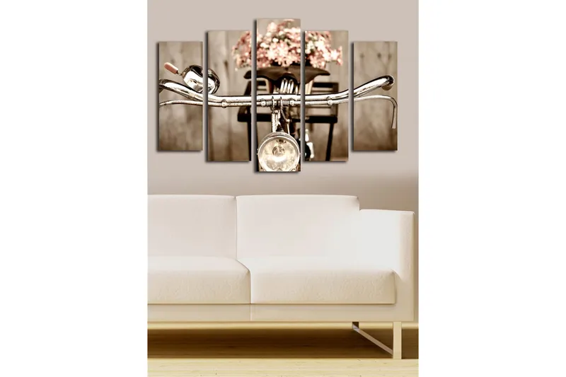 Stort lerretsbilde i 5 deler 105x70 cm - Sykkelstyrer med blomster i en kurv - Grå / Rosa / Beige - Innredning - Bilder & kunst - Lerretsbilder