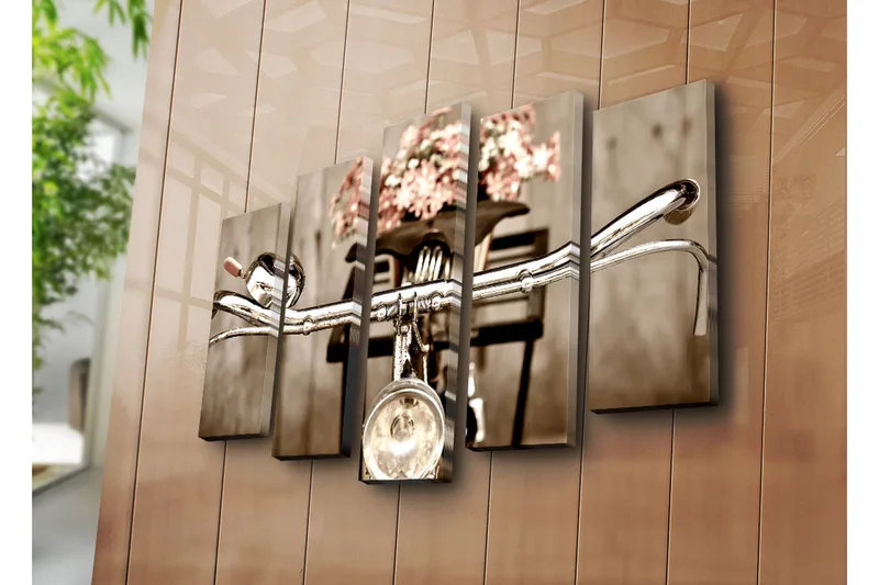 Stort lerretsbilde i 5 deler 105x70 cm - Sykkelstyrer med blomster i en kurv - Grå / Rosa / Beige - Innredning - Bilder & kunst - Lerretsbilder