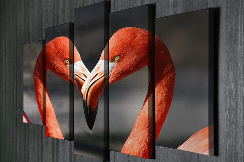 Stort lerretsbilde i 5 deler 105x70 cm - To flamingoer som danner et hjerte med nebbene sine - Rød / Svart - Innredning - Bilder & kunst - Lerretsbilder