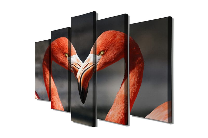 Stort lerretsbilde i 5 deler 105x70 cm - To flamingoer som danner et hjerte med nebbene sine - Rød / Svart - Innredning - Bilder & kunst - Lerretsbilder
