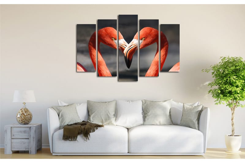 Stort lerretsbilde i 5 deler 105x70 cm - To flamingoer som danner et hjerte med nebbene sine - Rød / Svart - Innredning - Bilder & kunst - Lerretsbilder