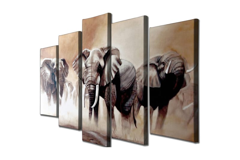 Stort lerretsbilde i 5 deler 105x70 cm - Tre majestetiske elefanter i et tåkete savannemiljø, Grå / Beige / Brun