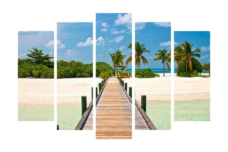 Stort lerretsbilde i 5 deler 105x70 cm - Vakker strandpromenade med palmer og turkis vann - Grønn / Blå / Beige - Innredning - Bilder & kunst - Lerretsbilder