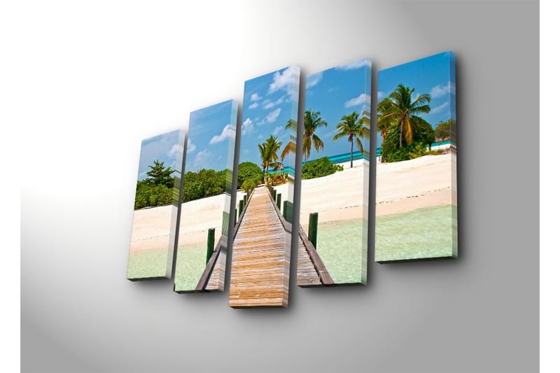 Stort lerretsbilde i 5 deler 105x70 cm - Vakker strandpromenade med palmer og turkis vann - Grønn / Blå / Beige - Innredning - Bilder & kunst - Lerretsbilder