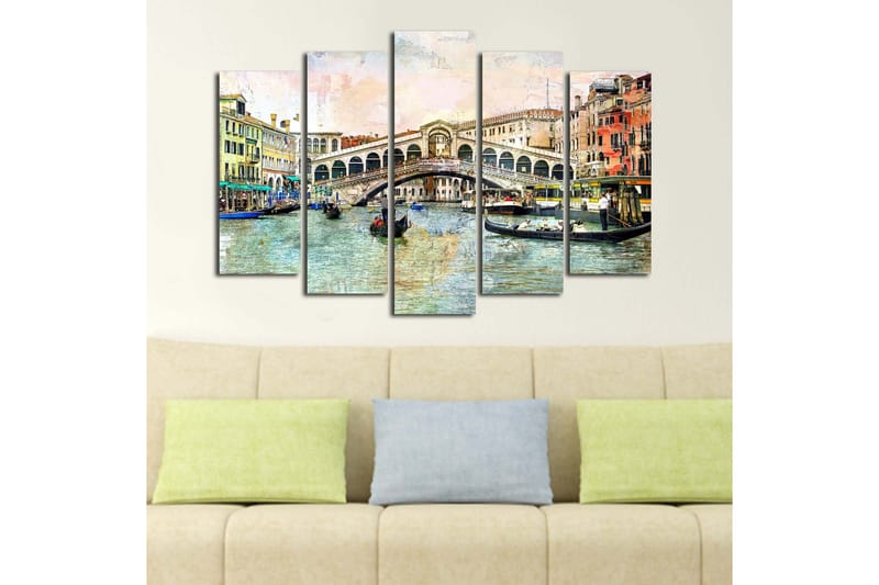Stort lerretsbilde i 5 deler 105x70 cm - Vakker utsikt over Rialtobroen i Venezia med gondoler i kanalen - Blå / Grønn / Beige - Innredning - Bilder & kunst - Lerretsbilder