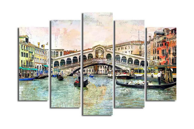 Stort lerretsbilde i 5 deler 105x70 cm - Vakker utsikt over Rialtobroen i Venezia med gondoler i kanalen - Blå / Grønn / Beige - Innredning - Bilder & kunst - Lerretsbilder